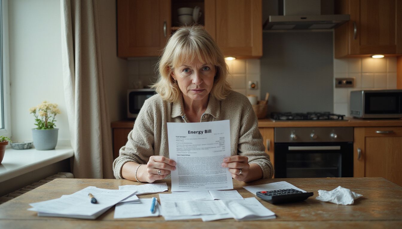 A woman looks sadly at her UK fuel bill.