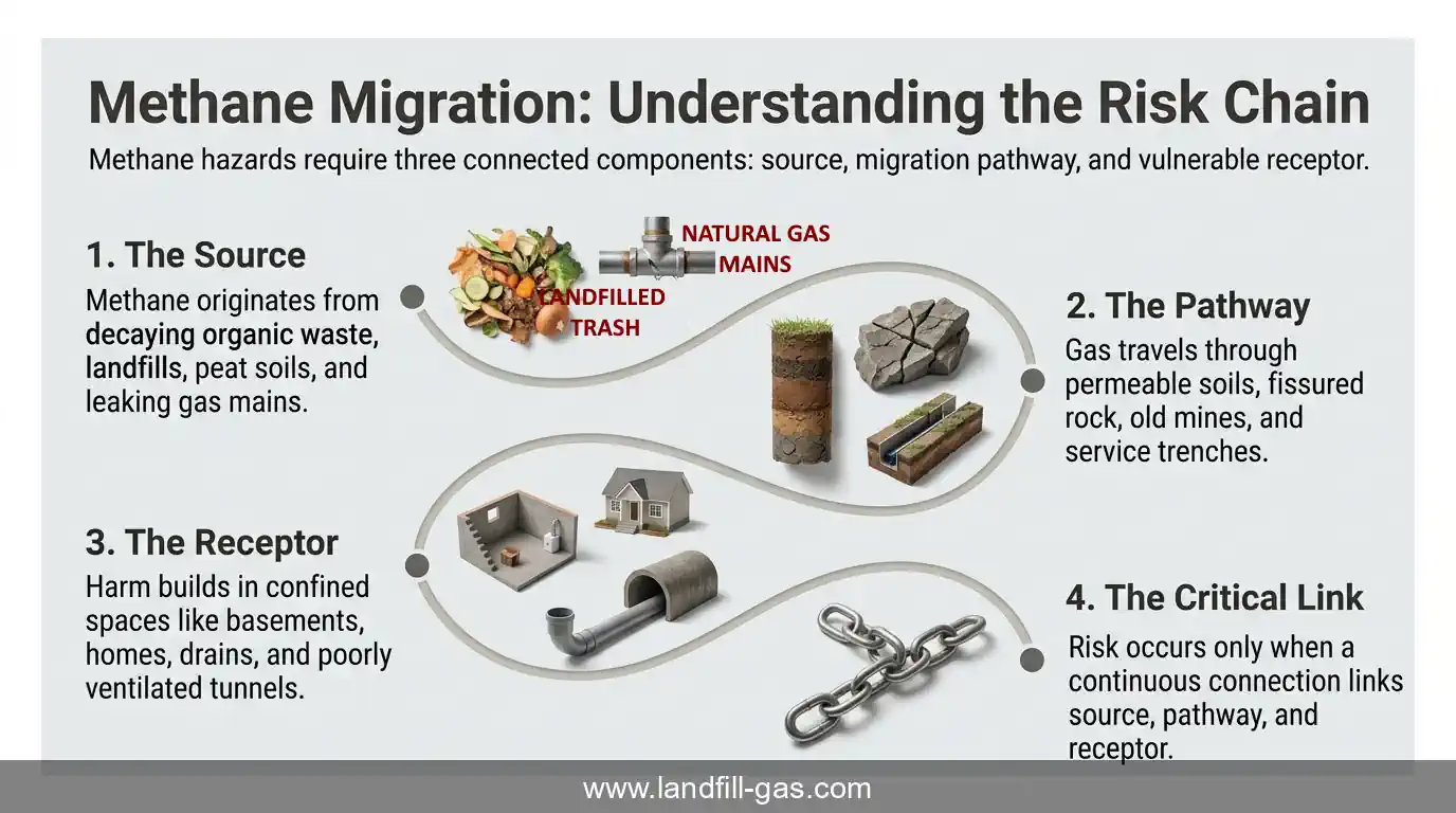 Infographic shows how Methane Migration Pathway Dangers occur.