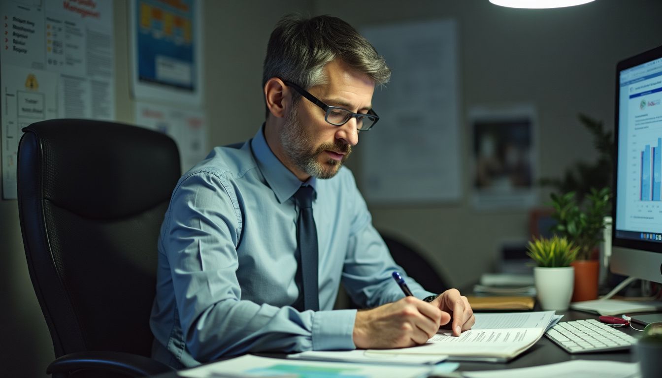An environmental consultant reviewing sustainability reports in a cluttered office. At one of the top Environmental Consultants in the UK