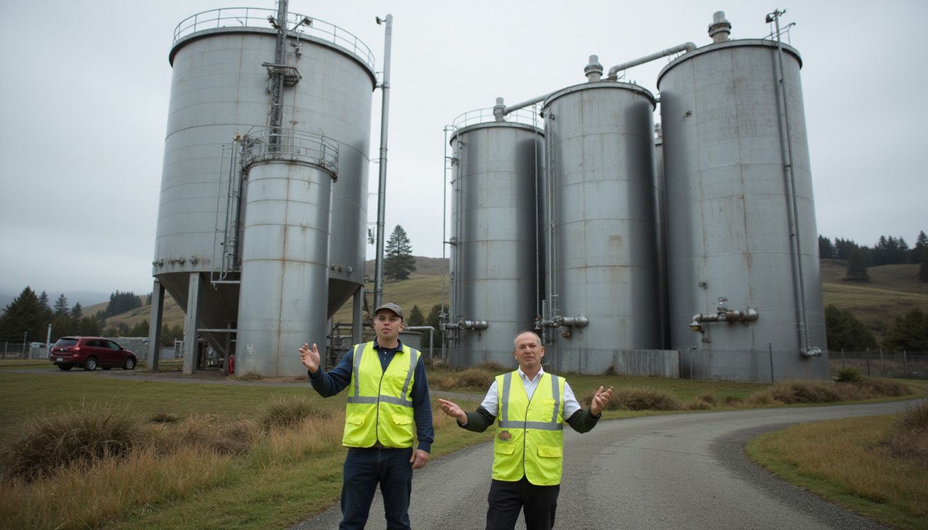 Two confused engineers stand before massive biogas digesters in rural New Zealand.