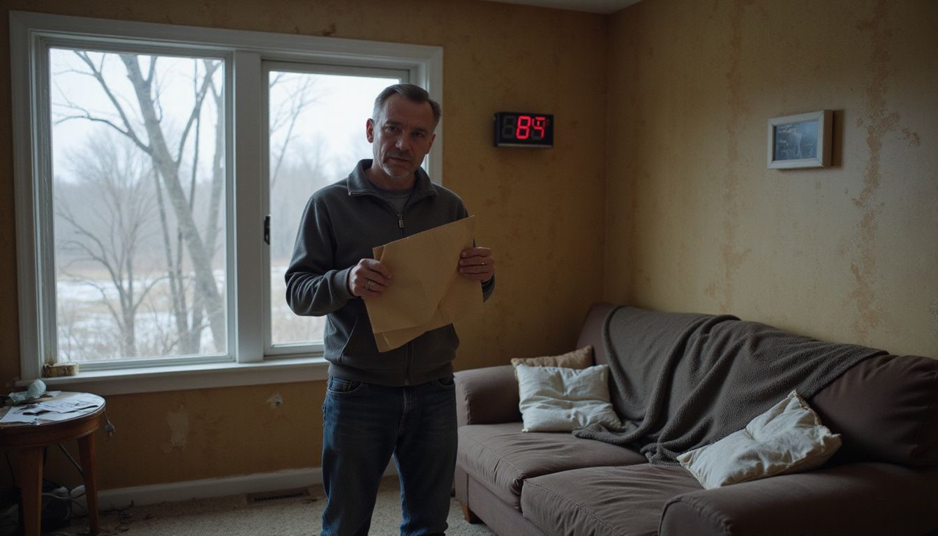 A middle-aged man stands in a cold, sparsely furnished living room, visibly anxious while holding an unopened utility bill.