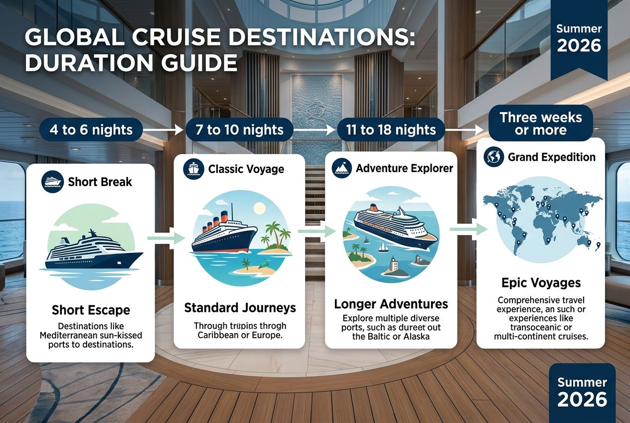 Infographic showing various cruise durations from short breaks to multi-week voyages. Infographic showing various cruise durations from short breaks to multi-week voyages.