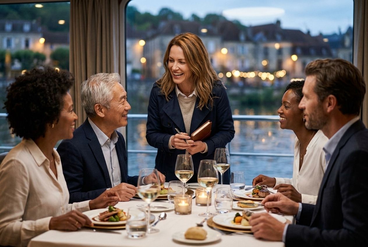 A stylish traveller enjoying conversation with a diverse group of guests at an open dining table on a river cruise. A stylish traveller enjoying conversation with a diverse group of guests at an open dining table on a river cruise.