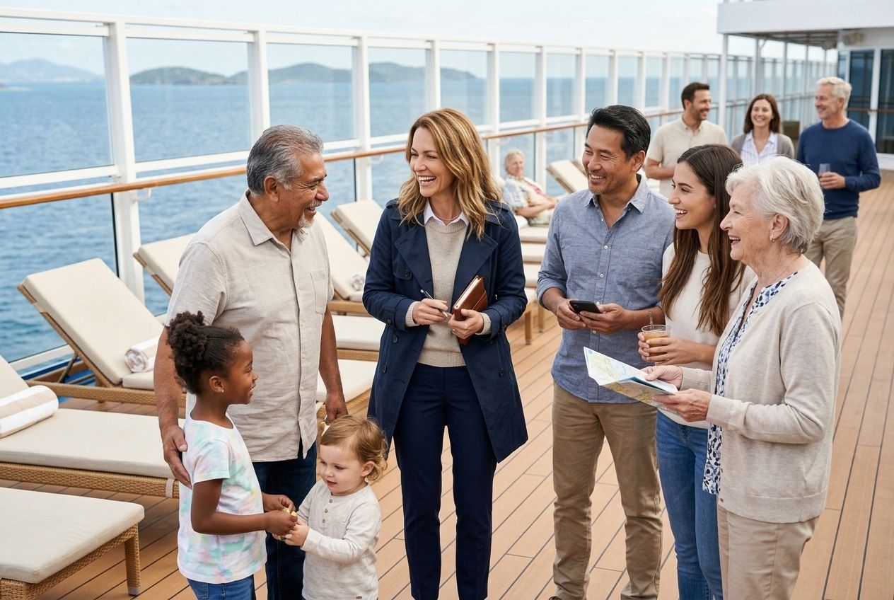 A stylish traveller enjoying the deck of a modern ocean cruise ship with multi-generational family members. A stylish traveller enjoying the deck of a modern ocean cruise ship with multi-generational family members.