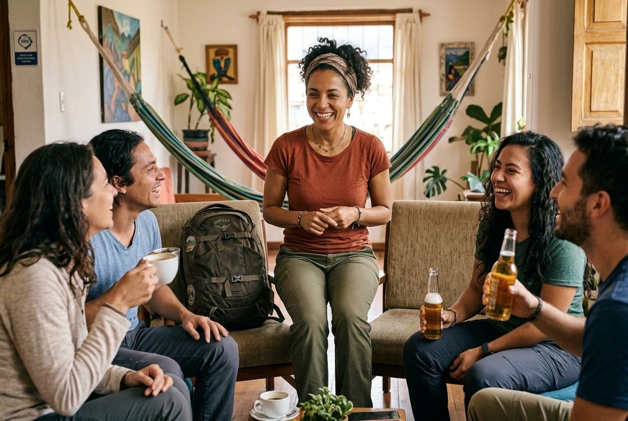 A solo traveller chatting with a diverse group of people in a vibrant hostel common area. A solo traveller chatting with a diverse group of people in a vibrant hostel common area.